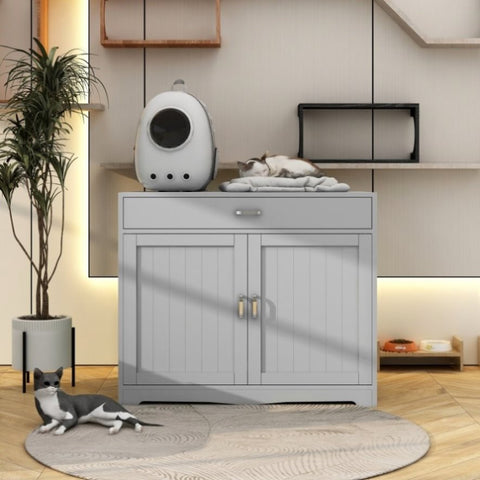 ZUN Litter Box Enclosure, Cat Litter Box Furniture with Hidden Plug, 2 Doors,Indoor Cat Washroom Storage W42090265