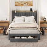 ZUN Queen Size Bed Frame with Storage Headboard and Charging Station, Upholstered Platform Bed with 3 W1580119378