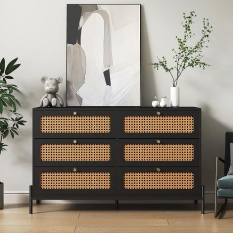 ZUN Rattan 6-drawer storage cabinet, rattan dresser cabinet, suitable for bedroom, living room W1321132577