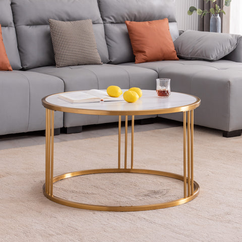ZUN Slate/Sintered stone round coffee table with golden stainless steel frame 24374253