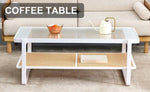 ZUN Modern minimalist white double layered solid wood coffee table. Glass tabletop, imitation rattan W1151134809