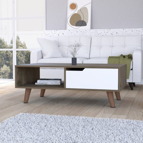 ZUN New Haven 1-Drawer 1-Shelf Rectangle Coffee Table Dark Brown and White B06280717