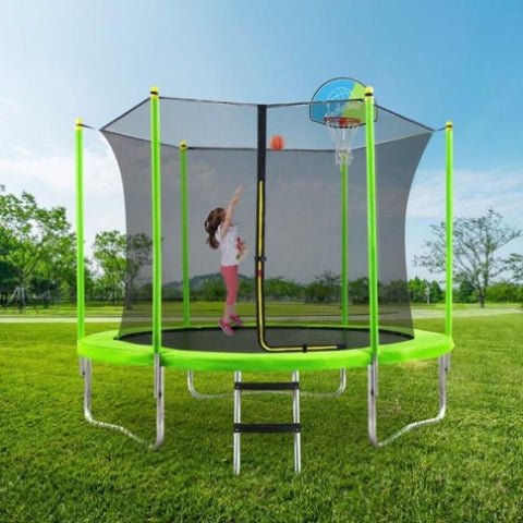 ZUN 10FT Trampoline for Kids with Safety Enclosure Net, Basketball Hoop and Ladder, Easy Assembly Round MS310683AAF