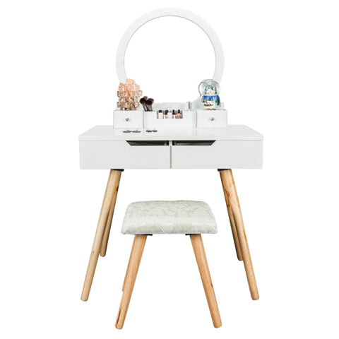 ZUN Dressing Table with Single Round Mirror & 4 Drawers White 41817694