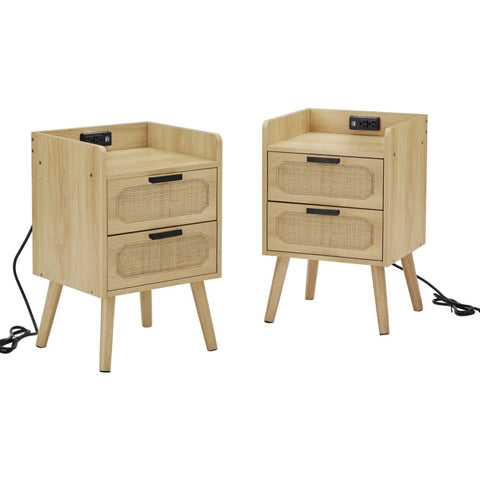 ZUN set of 2 Rattan nightstand with socket side table natural handmade rattan（2PC,Natural 24622103