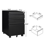 ZUN Metal 3 Drawer File Cabinet, Rolling File Cabinet with Lock Under Desk, Small Black Filing Cabinets 24554480