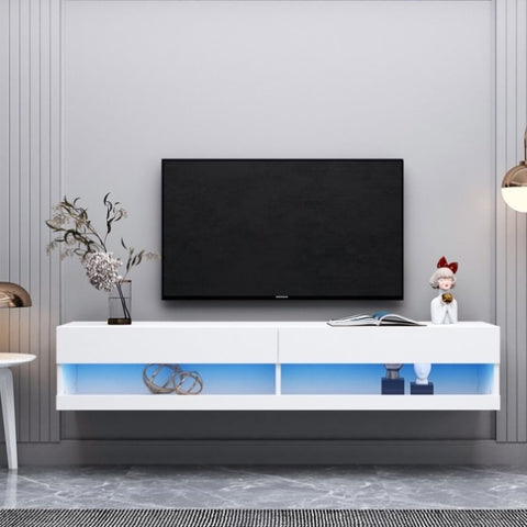 ZUN 180 Wall Mounted Floating 80" TV Stand with 20 Color LEDs White W33115873