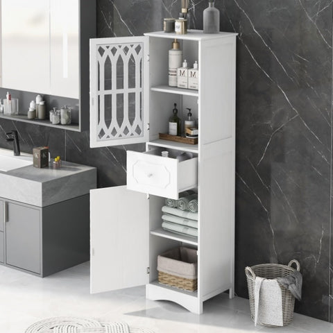 ZUN Tall Bathroom Cabinet, Freestanding Storage Cabinet with Drawer and Doors, MDF Board, Acrylic Door, WF289427AAK