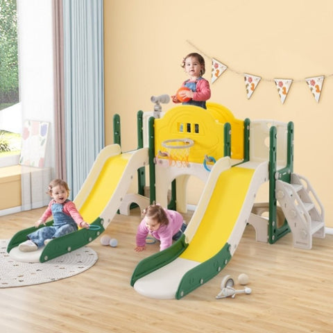 ZUN Kids Slide Playset Structure 7 in 1, Freestanding Spaceship Set with Slide, Arch Tunnel, Ring Toss PP322884AAL