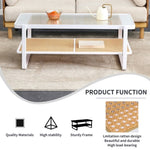 ZUN Modern minimalist white double layered solid wood coffee table. Glass tabletop, imitation rattan W1151134809