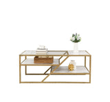 ZUN Golden Coffee Table with Storage Shelf, Tempered Glass Coffee Table with Metal Frame for Living W82151003