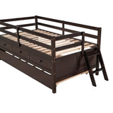 ZUN Low Loft Bed Twin Size with Full Safety Fence, Climbing ladder, Storage Drawers and Trundle Espresso WF296596AAP