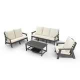 ZUN HIPS Loveseat with Cushion, Wood Grain Outdoor Garden Sofa, Sofa Set for Porch, Poolside, Terrace, W1209114909