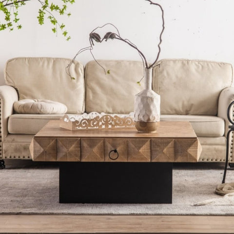ZUN 41.73"Three-dimensional Embossed Pattern Square Retro Coffee Table with 2 Drawers and MDF Base W757126826