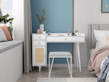 ZUN Makeup Vanity with Drawers, Mid-Century Dressing Table White Wood Desk with Rattan Door W68859254